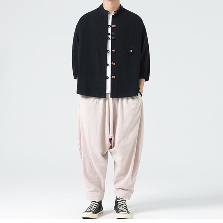 Buddha Stones Summer Frog-Button Front Stand Collar Men's Three Quarter Sleeve Cotton Shirt With Pocket - image 17