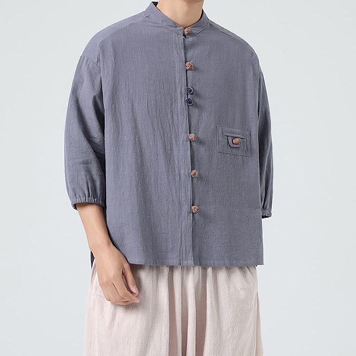 Buddha Stones Summer Frog-Button Front Stand Collar Men's Three Quarter Sleeve Cotton Shirt With Pocket - LightSlateGray - US/UK/AU46，EU56 (5XL) - image 19