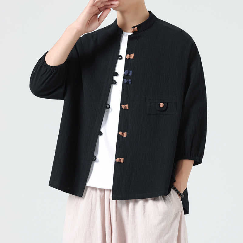 Buddha Stones Summer Frog-Button Front Stand Collar Men's Three Quarter Sleeve Cotton Shirt With Pocket - Black - US/UK/AU46，EU56 (5XL) - image 9