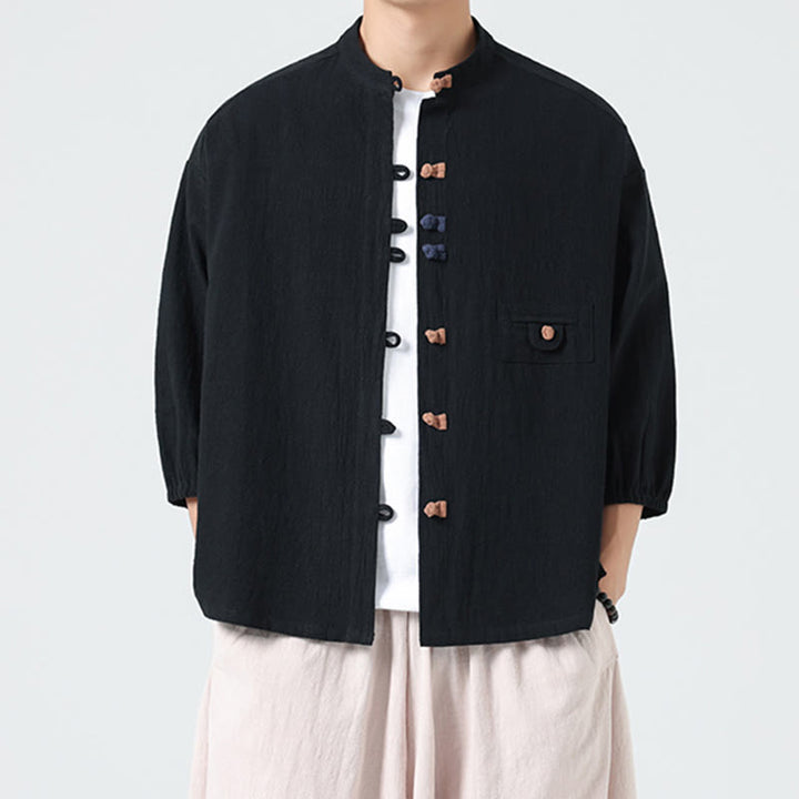 Buddha Stones Summer Frog-Button Front Stand Collar Men's Three Quarter Sleeve Cotton Shirt With Pocket - image 11