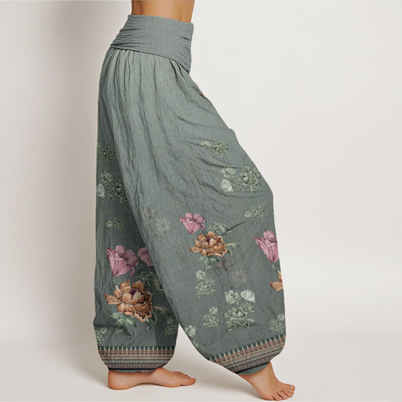 Buddha Stones Cotton Casual Plant Peony Petals Pattern Women's Elastic Waist Harem Pants - image 5