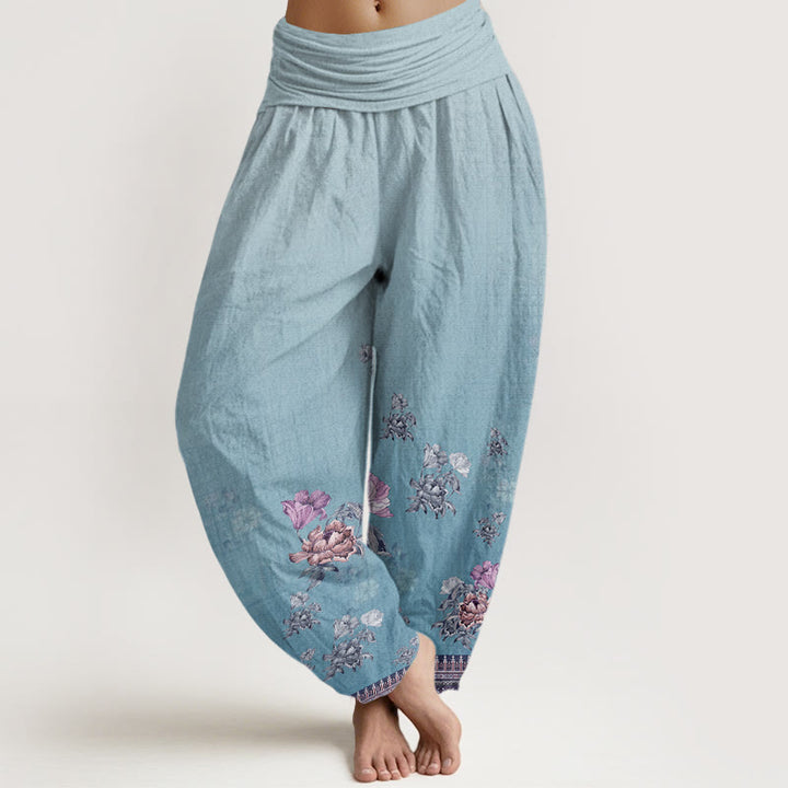 Buddha Stones Casual Plant Peony Petals Pattern Women's Elastic Waist Harem Pants - LightSkyBlue - US22，UK/AU26，EU54 (6XL) - image 7