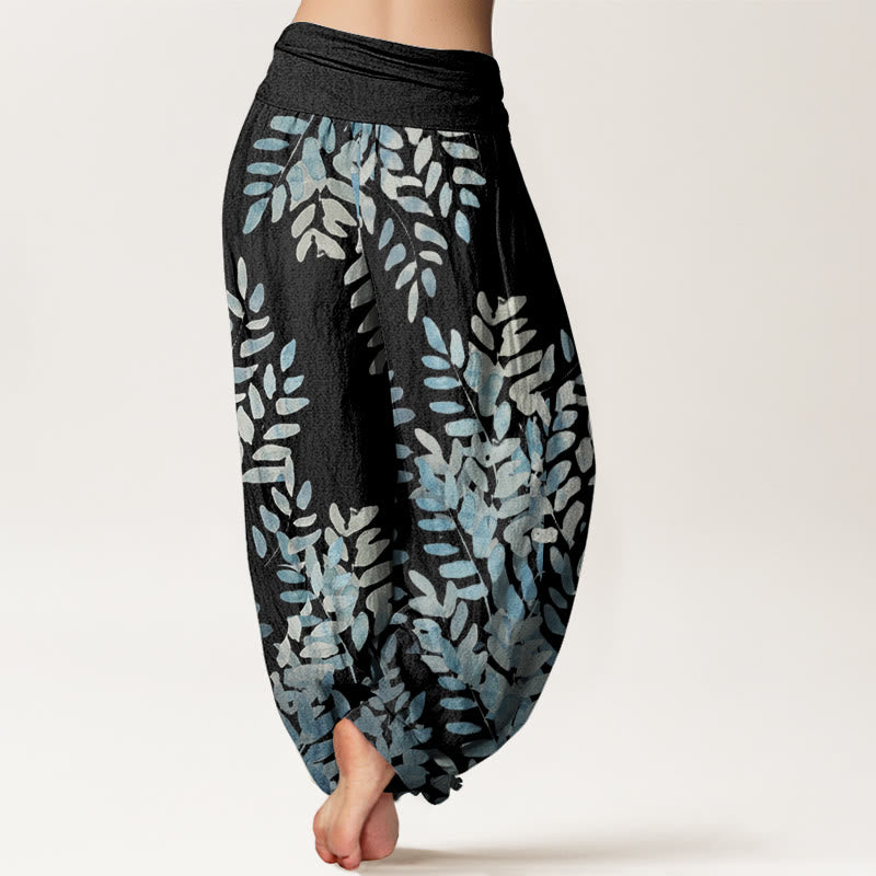 Buddha Stones Cotton Casual Plant Interlaced Leaves Pattern Women's Elastic Waist Harem Pants - image 2