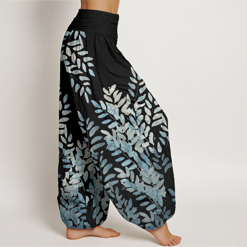 Buddha Stones Cotton Casual Plant Interlaced Leaves Pattern Women's Elastic Waist Harem Pants - image 1