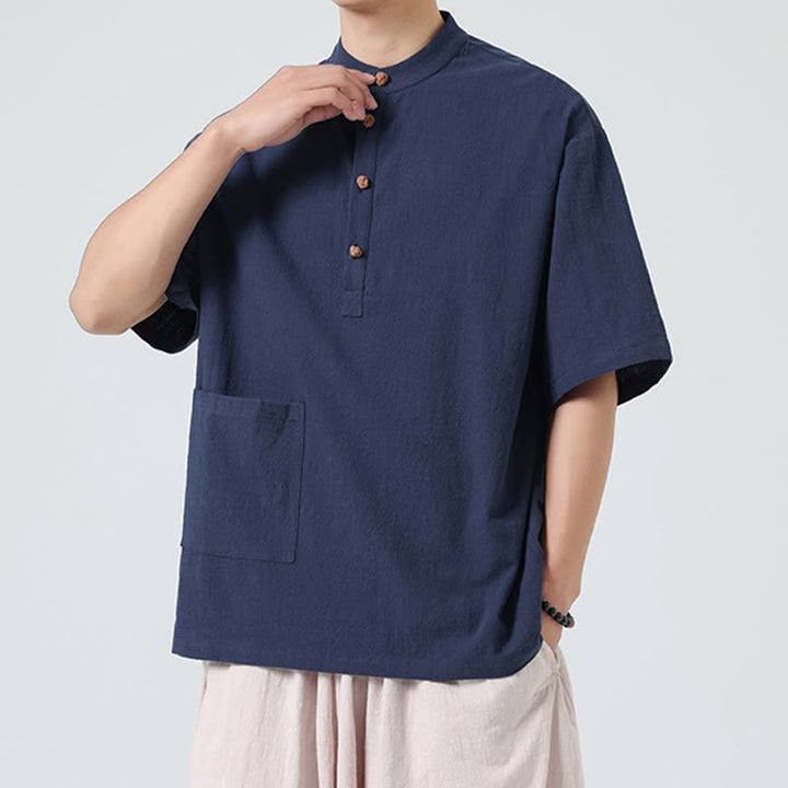 Buddha Stones Casual Half Frog-Button Design Stand Collar Tang Suit Men's Half Sleeve Cotton Shirt With Pocket - image 3