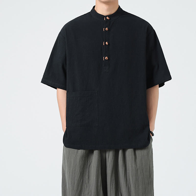 Buddha Stones Casual Half Frog-Button Design Stand Collar Tang Suit Men's Half Sleeve Cotton Shirt With Pocket - Black - US/UK/AU46，EU56 (5XL) - image 9