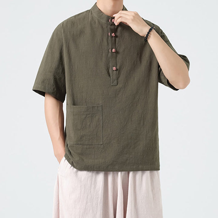 Buddha Stones Casual Half Frog-Button Design Stand Collar Tang Suit Men's Half Sleeve Cotton Shirt With Pocket - image 25
