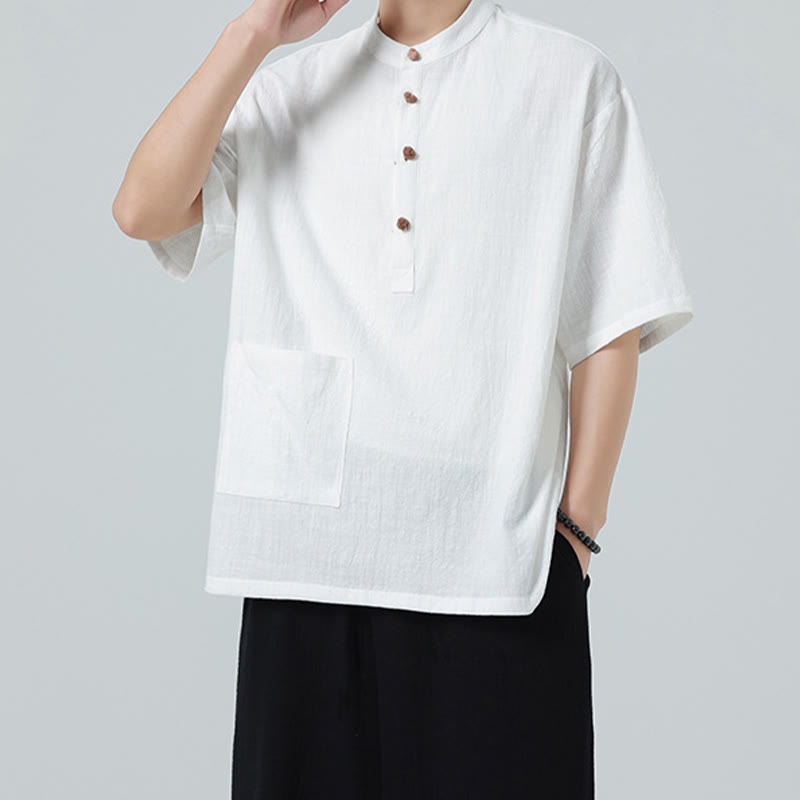 Buddha Stones Casual Half Frog-Button Design Stand Collar Tang Suit Men's Half Sleeve Cotton Shirt With Pocket - image 19