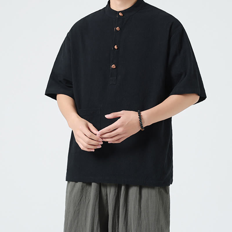 Buddha Stones Casual Half Frog-Button Design Stand Collar Tang Suit Men's Half Sleeve Cotton Shirt With Pocket - image 12