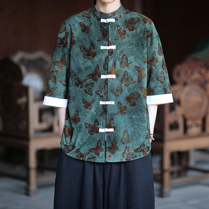 Buddha Stones Jacquard Butterfly Pattern White Frog-Button Design Stand Collar Men's Three Quarter Sleeve Cotton Shirt - SeaGreen - US/UK/AU46，EU56 (5XL) - image 0