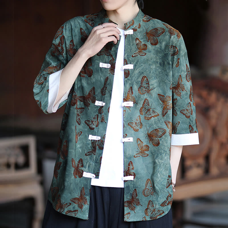 Buddha Stones Jacquard Butterfly Pattern White Frog-Button Design Stand Collar Men's Three Quarter Sleeve Cotton Shirt Cardigan - image 3