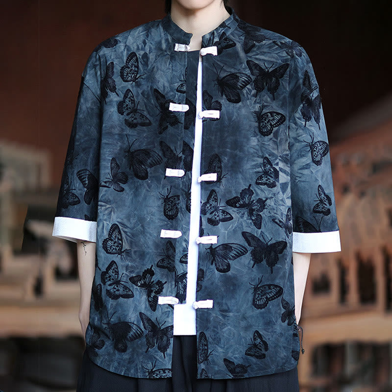 Buddha Stones Jacquard Butterfly Pattern White Frog-Button Design Stand Collar Men's Three Quarter Sleeve Cotton Shirt - image 13