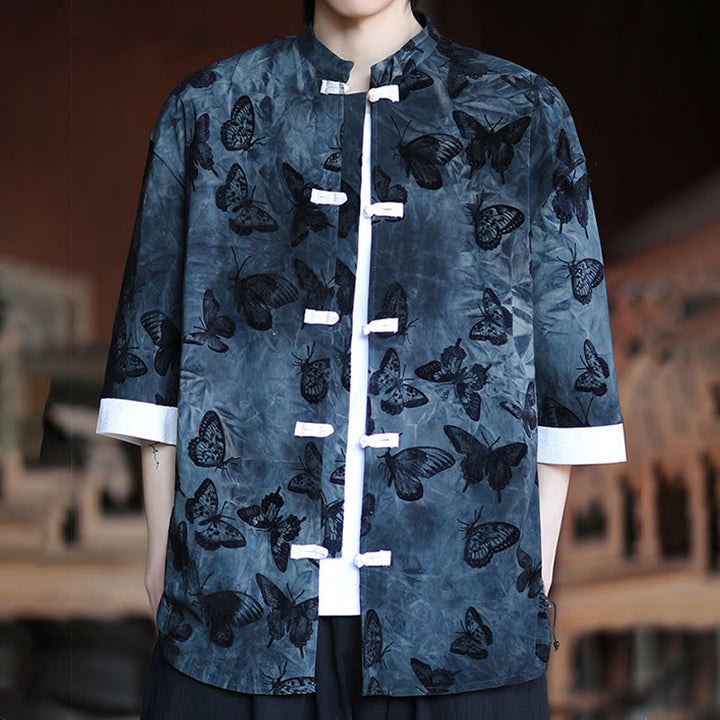 Buddha Stones Jacquard Butterfly Pattern White Frog-Button Design Stand Collar Men's Three Quarter Sleeve Cotton Shirt - image 13