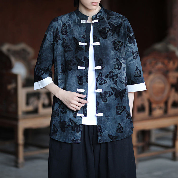 Buddha Stones Jacquard Butterfly Pattern White Frog-Button Design Stand Collar Men's Three Quarter Sleeve Cotton Shirt - image 11