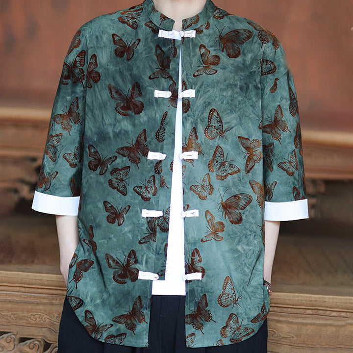 Buddha Stones Jacquard Butterfly Pattern White Frog-Button Design Stand Collar Men's Three Quarter Sleeve Cotton Shirt - image 4