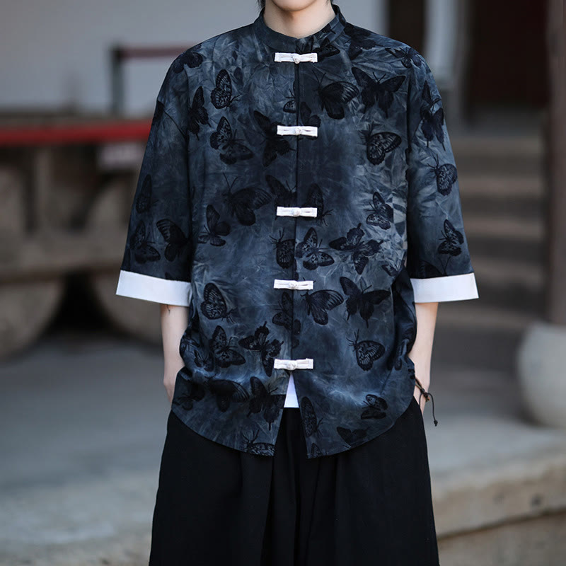 Buddha Stones Jacquard Butterfly Pattern White Frog-Button Design Stand Collar Men's Three Quarter Sleeve Cotton Shirt - MidnightBlue - US/UK/AU46，EU56 (5XL) - image 8