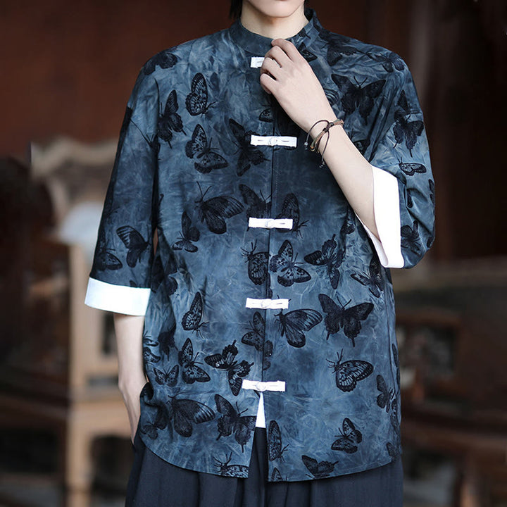 Buddha Stones Jacquard Butterfly Pattern White Frog-Button Design Stand Collar Men's Three Quarter Sleeve Cotton Shirt - image 12