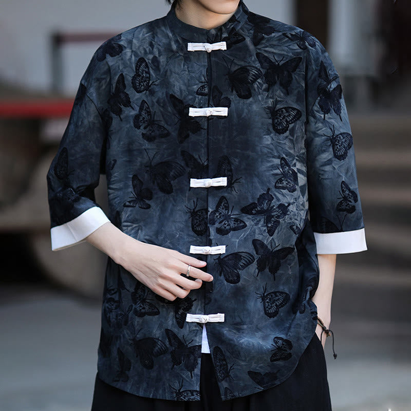 Buddha Stones Jacquard Butterfly Pattern White Frog-Button Design Stand Collar Men's Three Quarter Sleeve Cotton Shirt - image 16