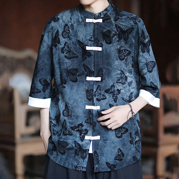 Buddha Stones Jacquard Butterfly Pattern White Frog-Button Design Stand Collar Men's Three Quarter Sleeve Cotton Shirt - image 14