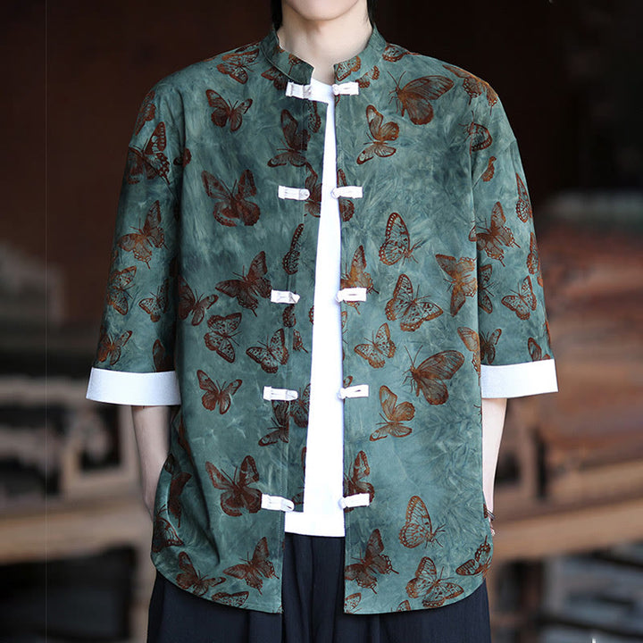 Buddha Stones Jacquard Butterfly Pattern White Frog-Button Design Stand Collar Men's Three Quarter Sleeve Cotton Shirt - image 2