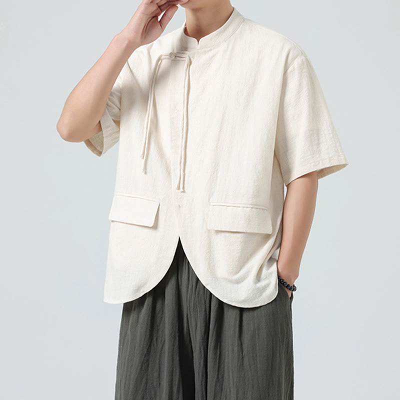 Buddha Stones Vintage Solid Color Irregular Hem Design Stand Collar Men's Half Sleeve Cotton Shirt With Pockets - image 1