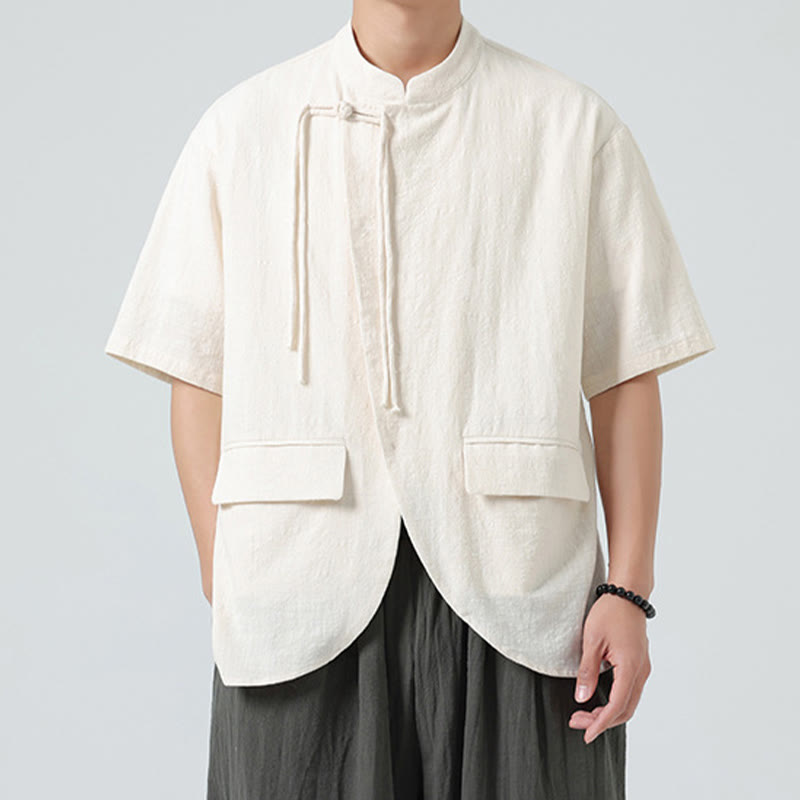 Buddha Stones Vintage Solid Color Irregular Hem Design Stand Collar Men's Half Sleeve Cotton Shirt With Pockets - Beige - US/UK/AU46，EU56 (5XL) - image 0