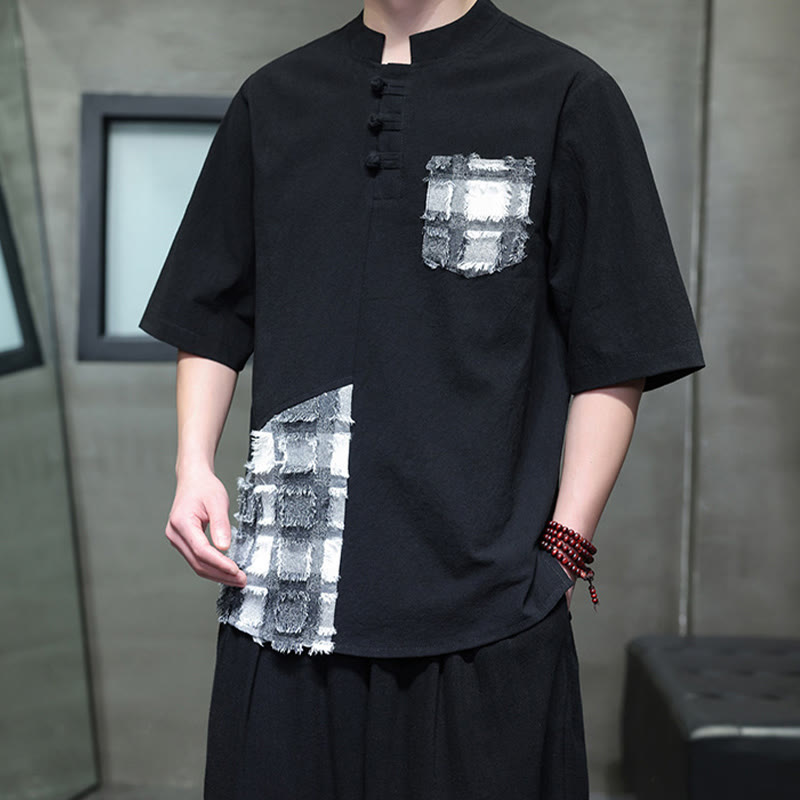 Buddha Stones Summer Vintage Color Contrast Patchwork Design Stand Collar Men's Half Sleeve Cotton Shirt With Pocket - image 1