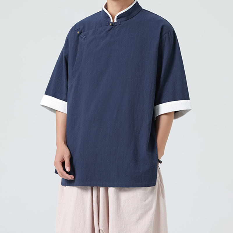 Buddha Stones Vintage Spring Color Matching Collar Slanted Placket Design Men's Half Sleeve Cotton Linen Shirt - image 1