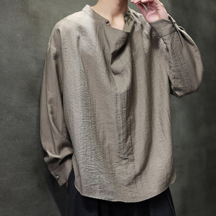 Buddha Stones Spring Solid Color Pleated Stand Collar Design Tang Suit Men's Long Sleeve Linen Shirt - image 6