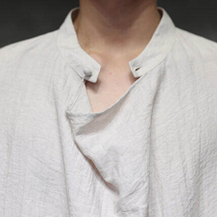 Buddha Stones Spring Solid Color Pleated Stand Collar Design Tang Suit Men's Long Sleeve Linen Shirt - image 23