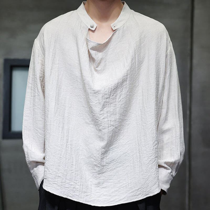 Buddha Stones Spring Solid Color Pleated Stand Collar Design Tang Suit Men's Long Sleeve Linen Shirt - image 21