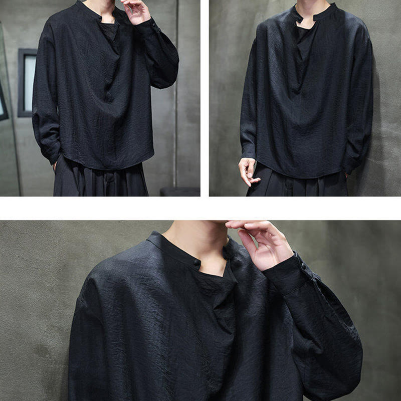 Buddha Stones Spring Solid Color Pleated Stand Collar Design Tang Suit Men's Long Sleeve Linen Shirt - image 16