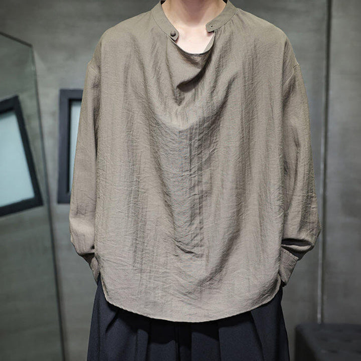 Buddha Stones Spring Solid Color Pleated Stand Collar Design Tang Suit Men's Long Sleeve Linen Shirt - DarkKhaki - US/UK/AU46，EU56 (5XL) - image 0