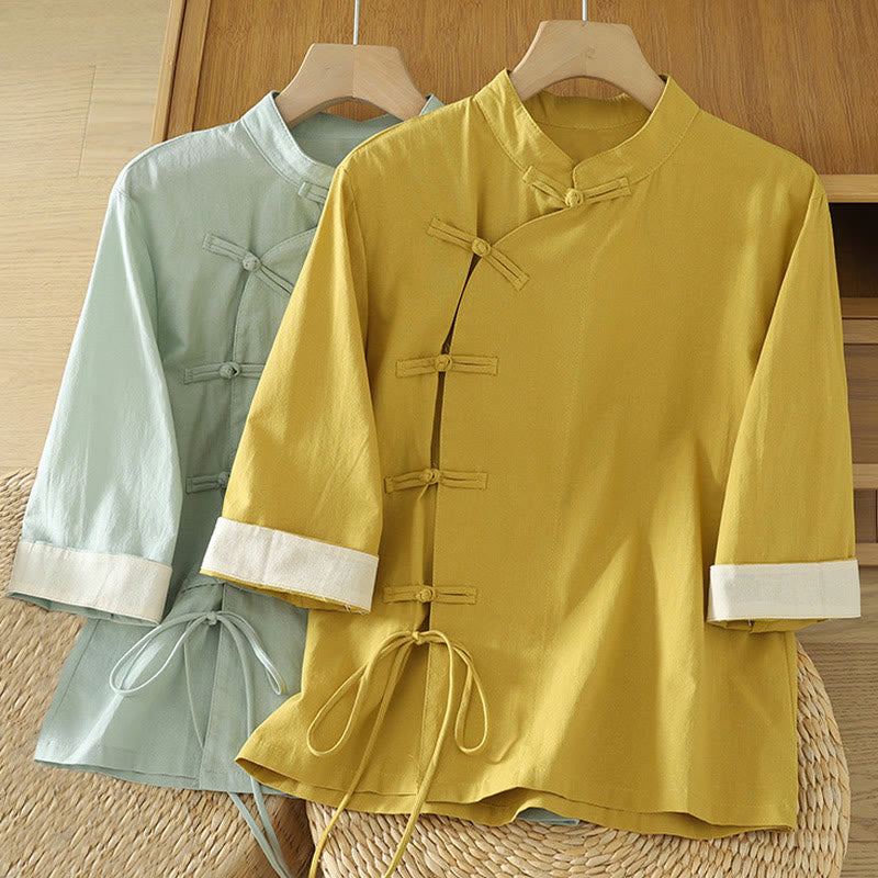 Buddha Stones Casual Vintage Chinese Frog-Button Lace-Up Patchwork Design Women's Cotton Shirt - image 16