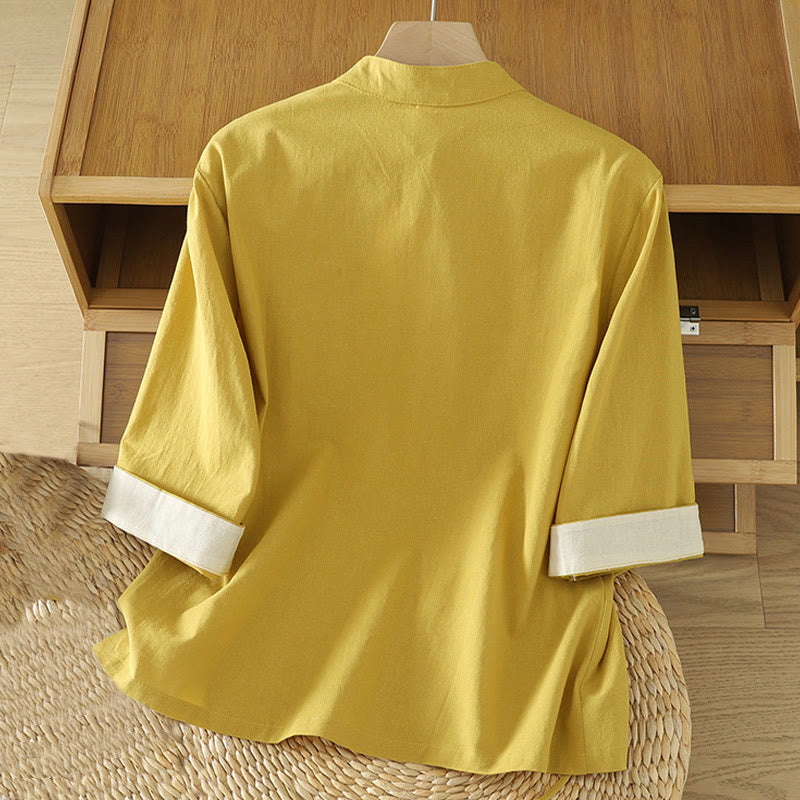 Buddha Stones Casual Vintage Chinese Frog-Button Lace-Up Patchwork Design Women's Cotton Shirt - image 6