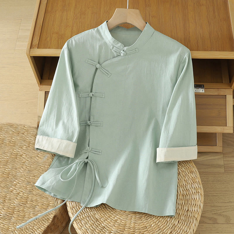 Buddha Stones Casual Vintage Chinese Frog-Button Lace-Up Patchwork Design Women's Cotton Shirt - Aquamarine - US8-10，UK/AU12-14，EU40-42 (2XL) - image 0