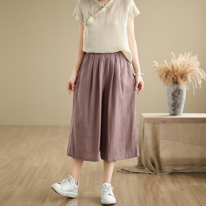 Buddha Stones Summer Solid Color Patchwork Simple Design Women's Cotton Wide Leg Cropped Pants With Pockets - image 3