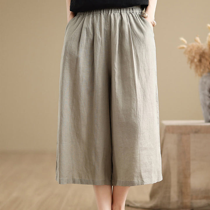 Buddha Stones Summer Solid Color Patchwork Simple Design Women's Cotton Wide Leg Cropped Pants With Pockets - image 14