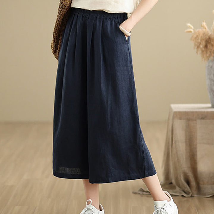 Buddha Stones Summer Solid Color Patchwork Simple Design Women's Cotton Wide Leg Cropped Pants With Pockets - image 21