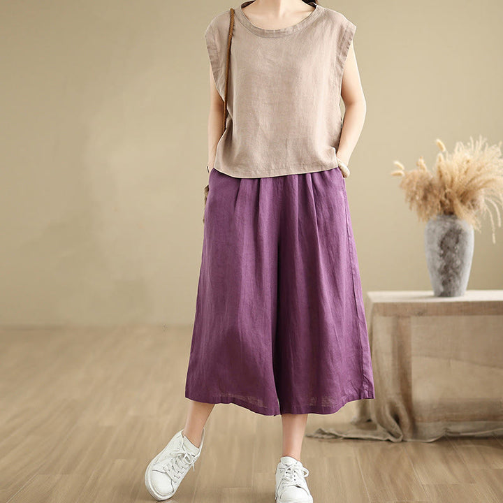 Buddha Stones Summer Solid Color Patchwork Simple Design Women's Cotton Wide Leg Cropped Pants With Pockets - image 8
