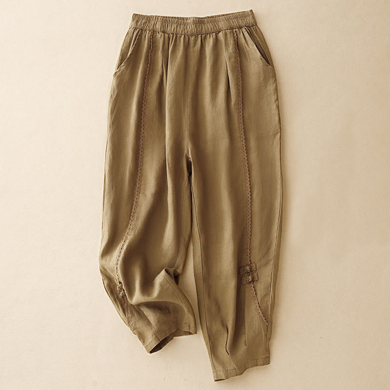 Buddha Stones Summer Frog-Button Lace High Waist Women's Cotton Linen Pants With Pockets - Goldenrod - US8-10，UK/AU12-14，EU40-42 (2XL) - image 12