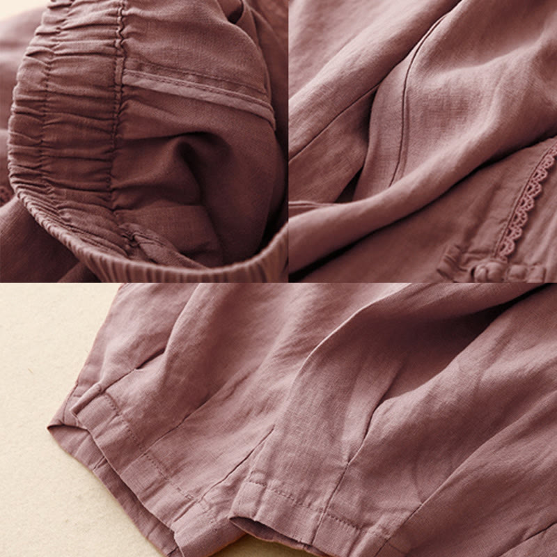 Buddha Stones Summer Frog-Button Lace High Waist Women's Cotton Linen Pants With Pockets - image 11