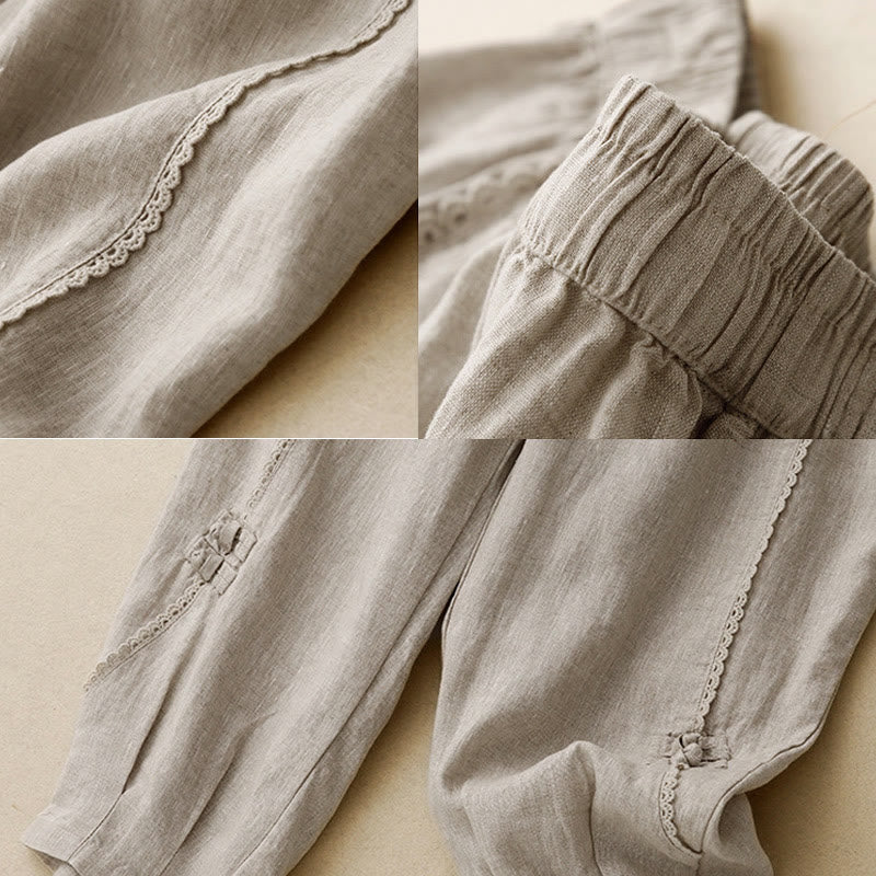 Buddha Stones Summer Frog-Button Lace High Waist Women's Cotton Linen Pants With Pockets - image 7