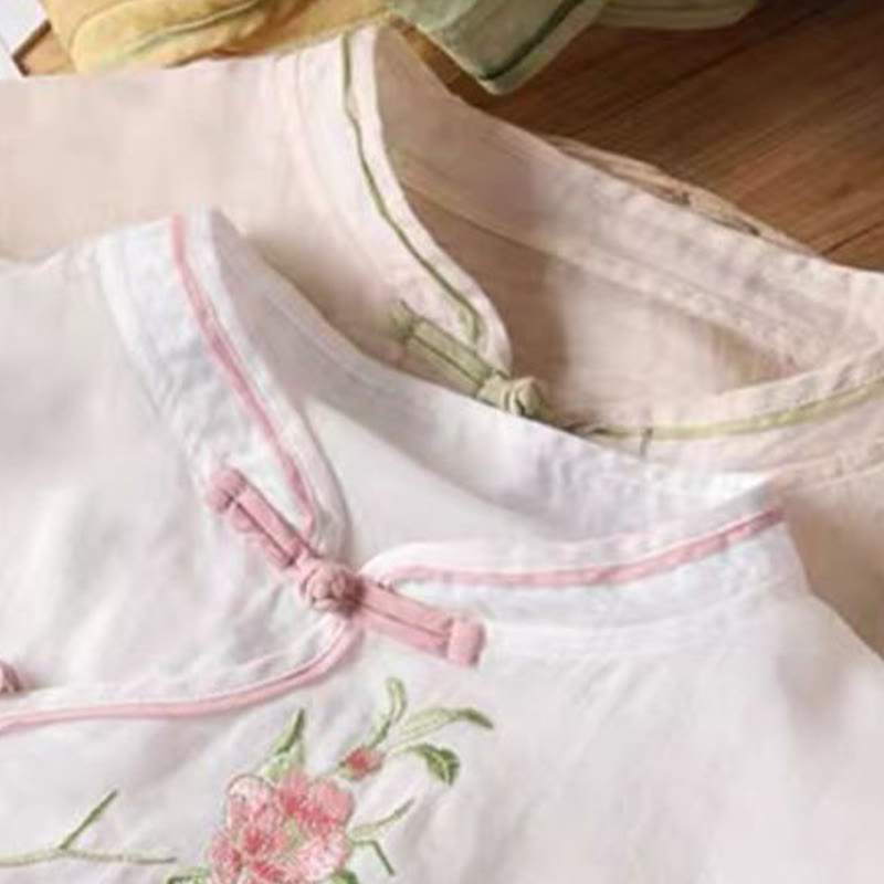 Buddha Stones Casual Vintage Embroidery Flower Pattern Chinese Frog-Button Crew Neck Design Women's Cotton Linen Shirt - image 11