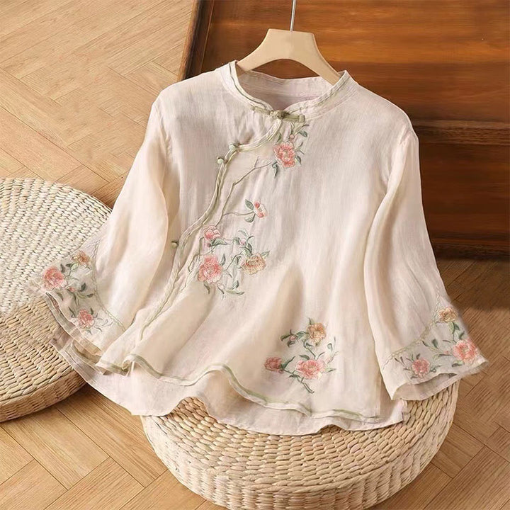Buddha Stones Casual Vintage Embroidery Flower Pattern Chinese Frog-Button Crew Neck Design Women's Cotton Linen Shirt - MistyRose - US12，UK/AU16，EU44 (3XL) - image 1