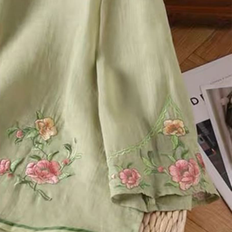 Buddha Stones Casual Vintage Embroidery Flower Pattern Chinese Frog-Button Crew Neck Design Women's Cotton Linen Shirt - image 6