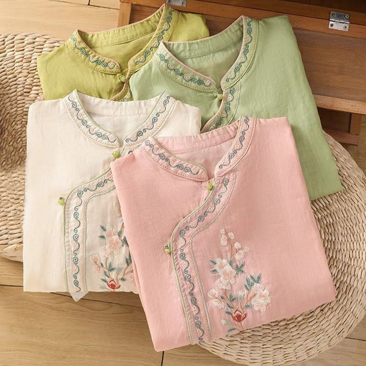 Buddha Stones Casual Ethnic Style Embroidery Flower Pattern Frog-Button Stand Collar Women's Cotton Linen Shirt - image 9