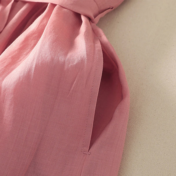 Buddha Stones Summer Short Sleeve Pleats Lace-up Cotton Linen Women's Midi Dress With Pockets - image 4