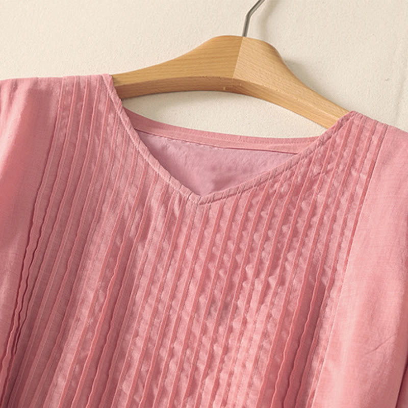 Buddha Stones Summer Short Sleeve Pleats Lace-up Cotton Linen Women's Midi Dress With Pockets - image 2