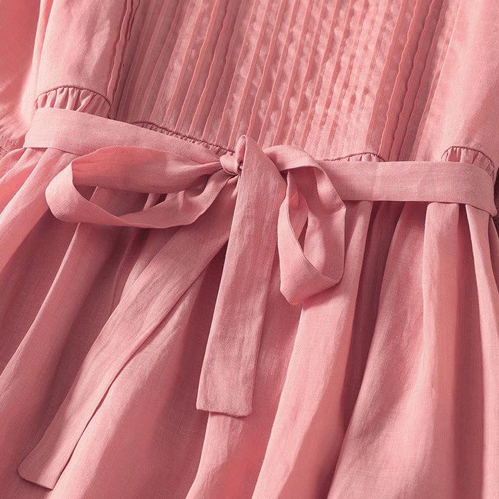 Buddha Stones Summer Short Sleeve Pleats Lace-up Cotton Linen Women's Midi Dress With Pockets - image 5